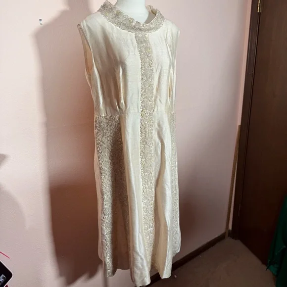 Art deco 1920 1940 Antique white beaded Sleeveless Formal midi flapper Dress - Picture 3 of 16